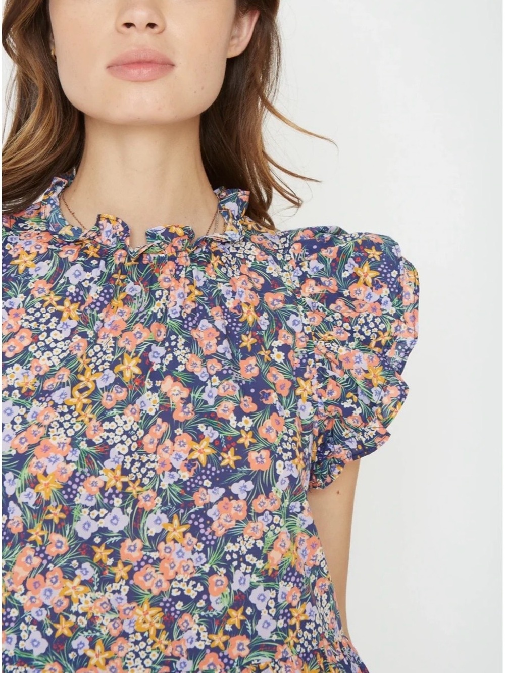 Ruffle Neck Floral Mini Dress - Navy Multi